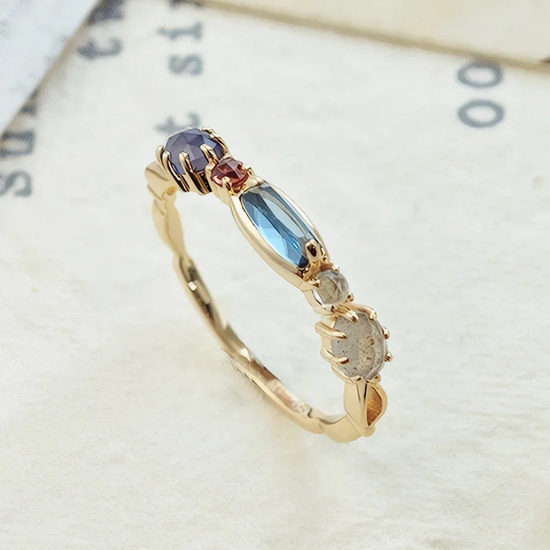 LAMOON Colorful Natrual Topaz Labradorite Gemstone Ring For Women 925 Sterling Silver Gold Plated Fine Jewelry Accessories Gift