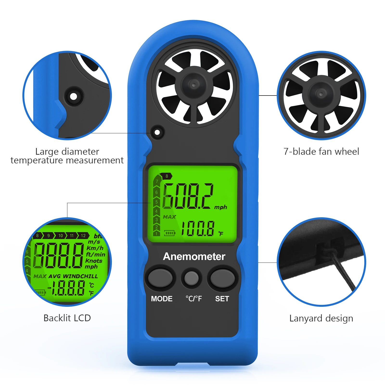 HoldPeak Mini Anemometer 0-30m/s -10~45℃ Current/Average/Max Wind Chill 5 Units CR2032 Battery 53g Lightweight Wind Tester
