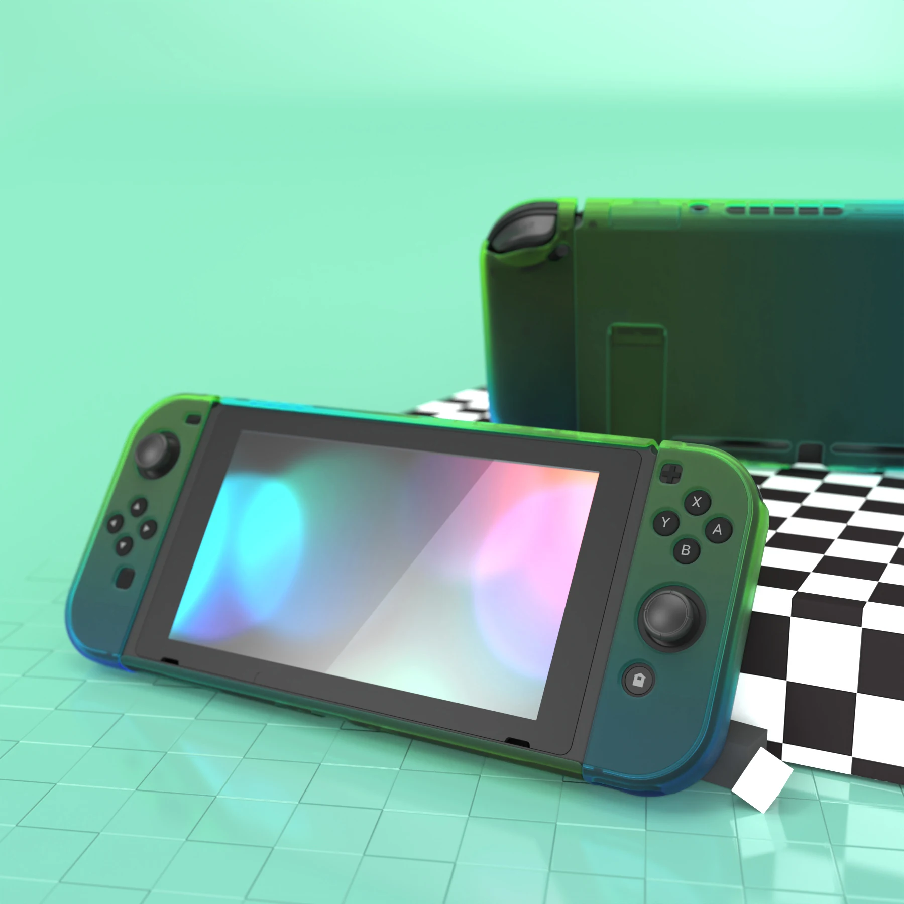 PlayVital UPGRADED Dockable Case Grip for Nintendo Switch, Ergonomic Protective Cover - Gradient Translucent Green Blue