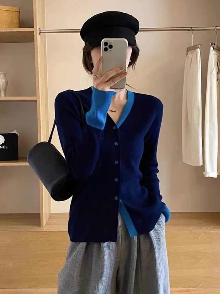 

V-Ne Wool Knitted Open Cardigan Autumn Elely Mature Single Button Color Blo Sweater Korean Sle Slimming Top