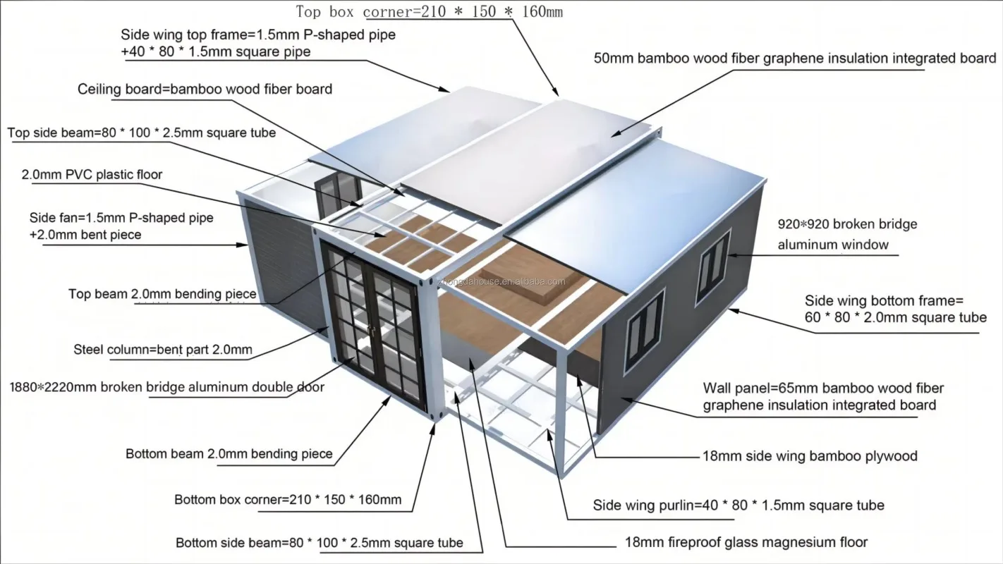 Case pieghevoli modulari di lusso prefabbricate a 2 camere da letto di lusso Piccola casa 20 piedi 40 piedi Casa contenitore espandibile piccola casa