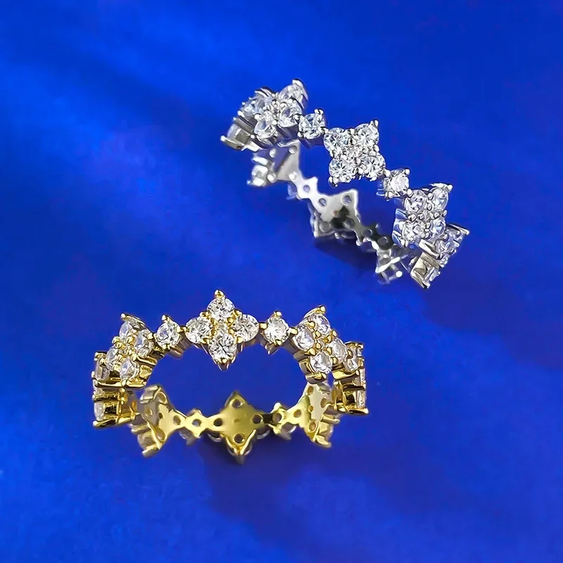 

S925 Silver White Fairy Four Leaf Flower Ring With Full Diamond Arrangement RingDaily Light Luxury Fashion Style Jewelry
