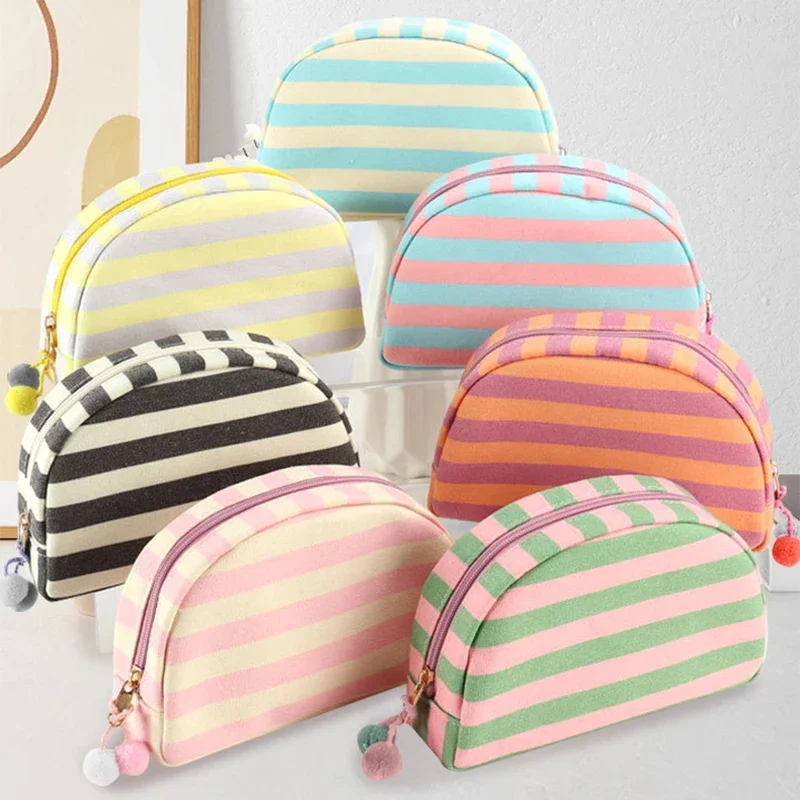 

Полосатая холщовая косметичка, легкая и портативная косметичка в форме ракушки, большая вместительная женская косметичка, сумка на молнии