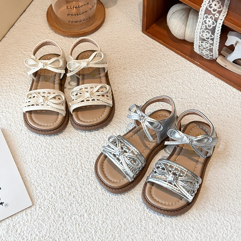 

Summer Girl's Sandals Braided Hollow-out Bow-adorned Kids Sandalias Hollow-out Plain-colored Versatile Children Shoes 23-33