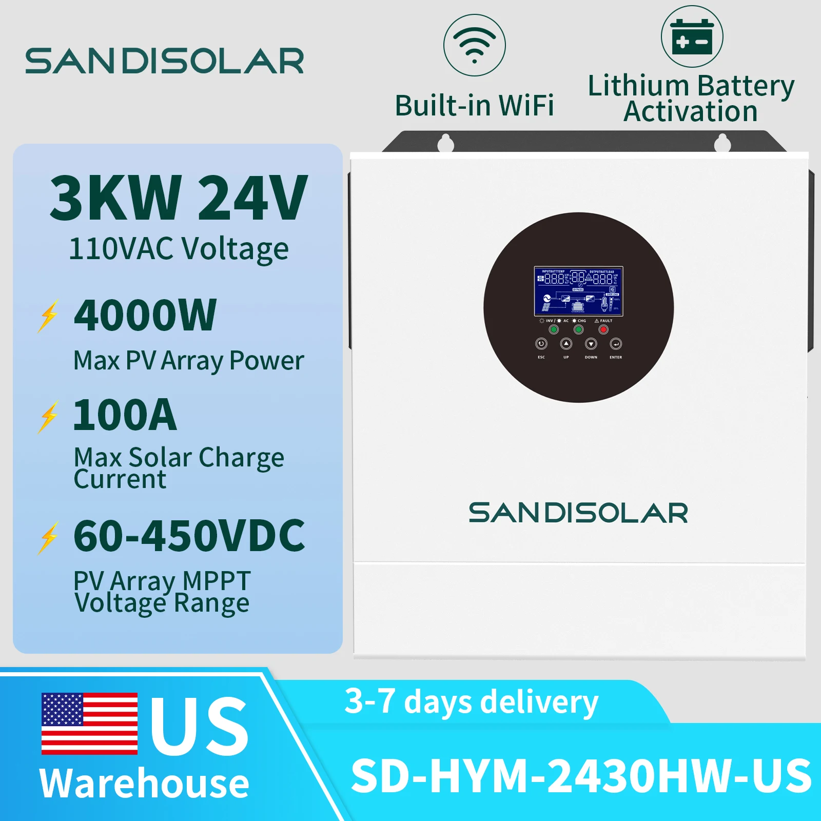 SANDISOLAR 3KW 24V Off Grid Solar Inverter for Home 120V US Pure Sine Wave 4000W PV Input 100A MPPT Built in WiFi Solar Charger