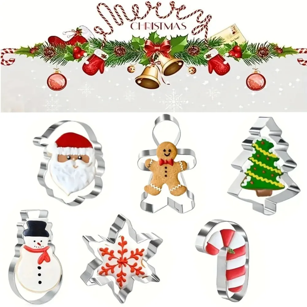 6PCS Christmas Cookie Cutter Gingerbread Man Christmas Tree Snowflake Candy Cane Snowman Santa Biscuit Mold Holiday Decoration