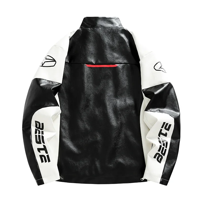 Men Women Vintage Black White Racing Leather Jacket Streetwear Harajuku Hip Hop Biker Moto PU Coat Loose Outerwear