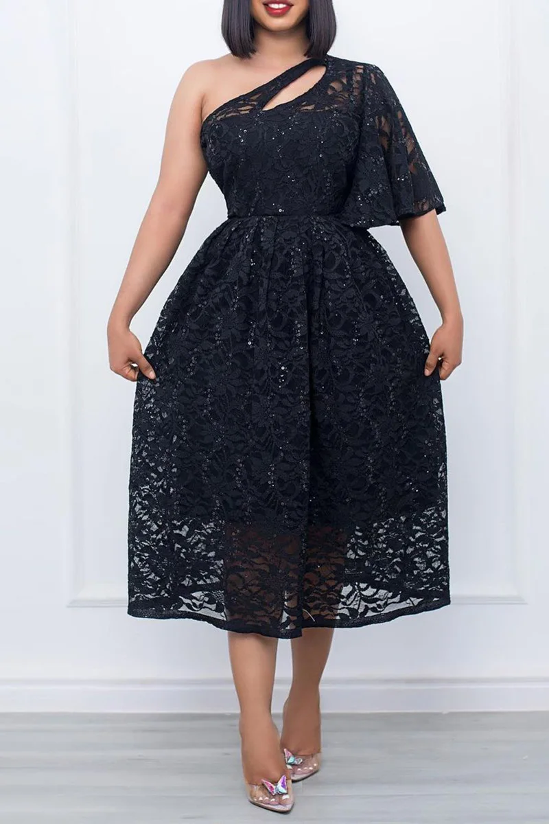 Plus Size Black Daily One Shoulder Lace Cut Out Midi Dresses