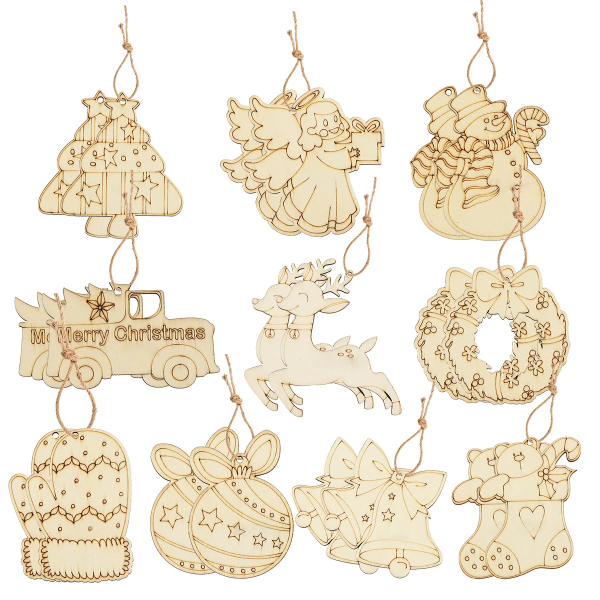 10Pcs Christmas Wooden DIY Painting Ornaments Angel Deer Wreath Pendant for Xmas Tree Hanging Decorations Kids Gifts Supplies
