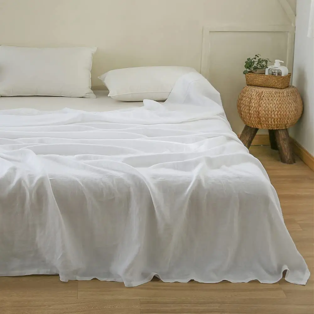 Simple&Opulence 100% Linen Sheet French Flax Flat Sheet with Embroidery Stone Washed Solid Color Farmhouse Top Sheet