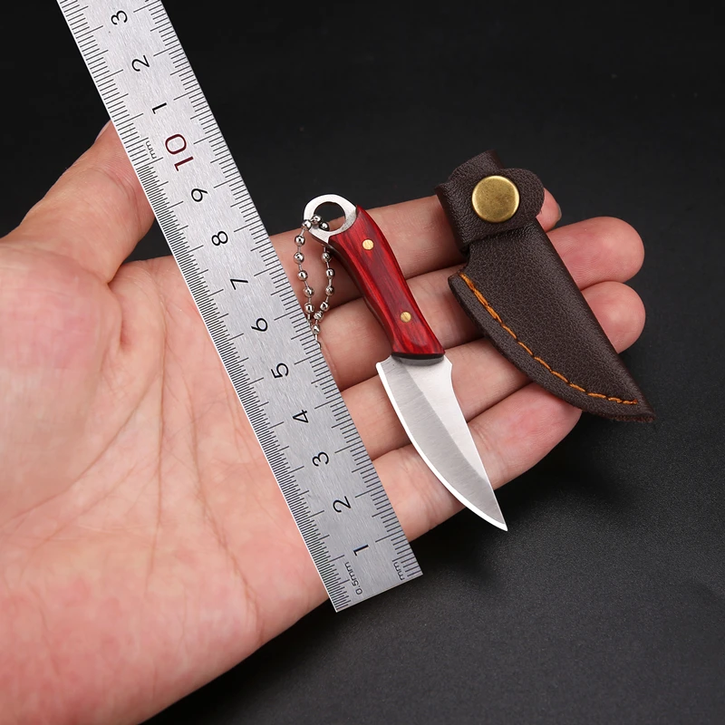 New Mini Wooden Handle Knife with Cover Keyring Pendant Unboxing Cutter Multi-functional Outdoor Camping Survival Gadget