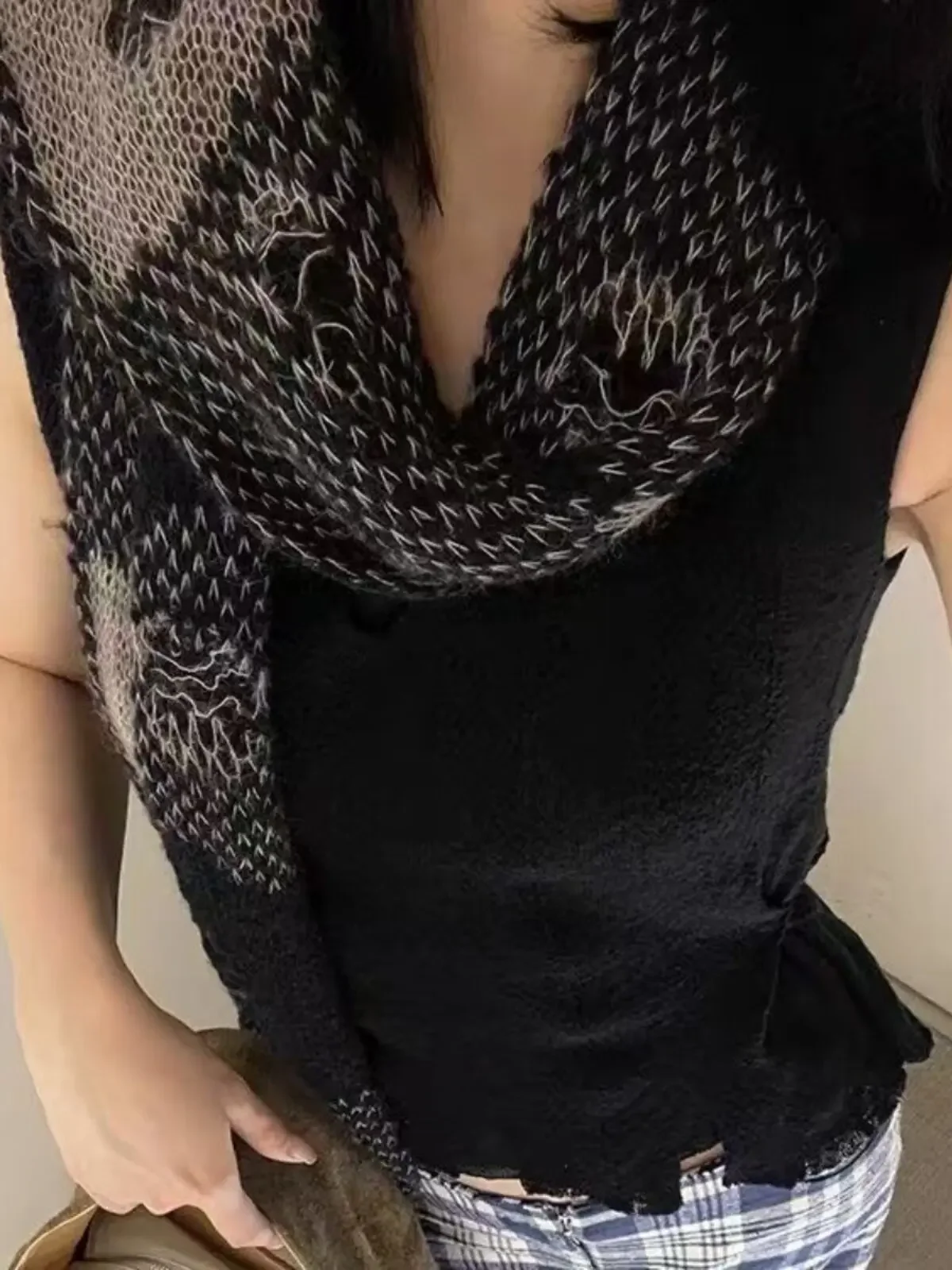 Our Legacy 24FW Splicing Plaid Ripped Scarf Soft and Warm Alpaca Hair Scarf