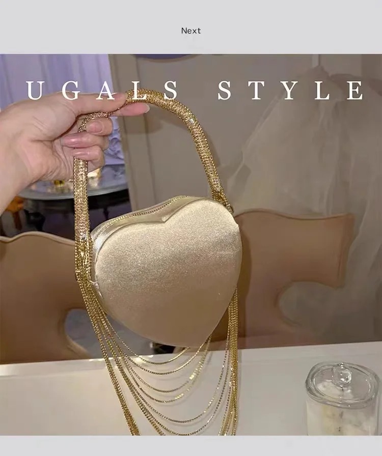 Luxury Bling Tassel Women\'s Handbag Satin Heart Shaped Shoulder Bag Glitter Shiny Diamond Evening Bag Wedding Party Clutch Purse