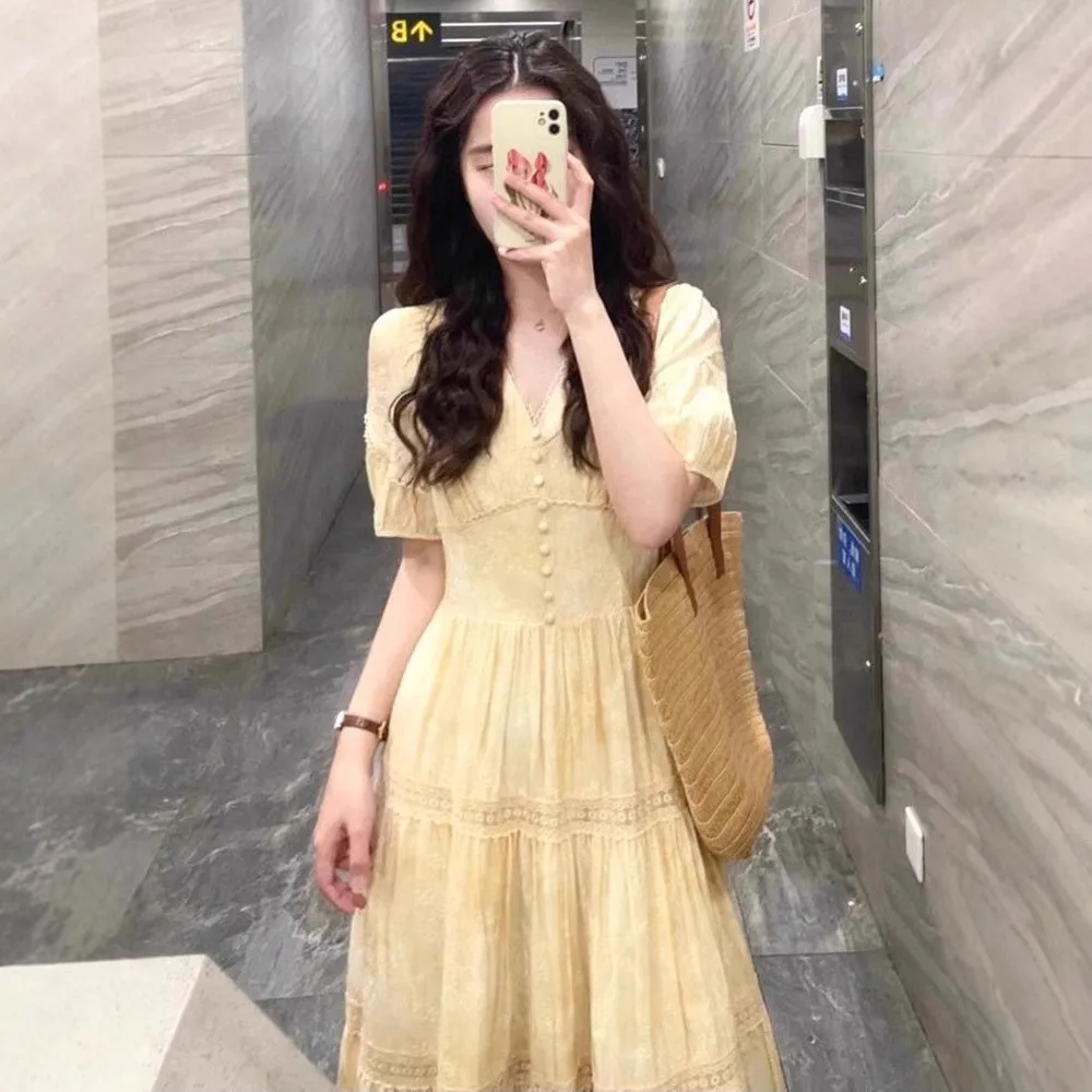 Vestido Amarillo con Mangas Abullonadas y Cuello en V para Mujer, Estilo Casual de Negocios, Silueta en A, Cintura Ajustada, ...