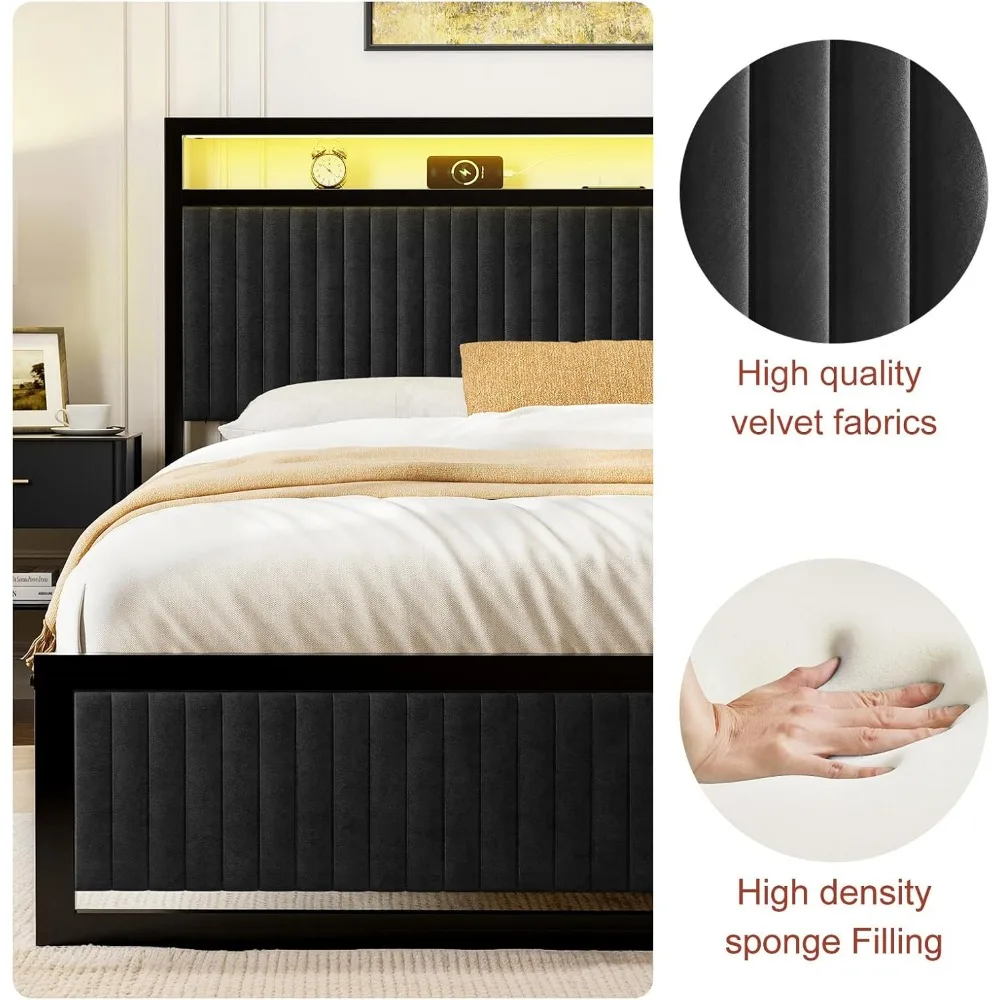 إطار سرير بمنصة مخملية منجدة بالحجم الكامل مع أدراج تخزين، ومحطة شحن USB مدمجة وشريط إضاءة LED، Sturdy Me