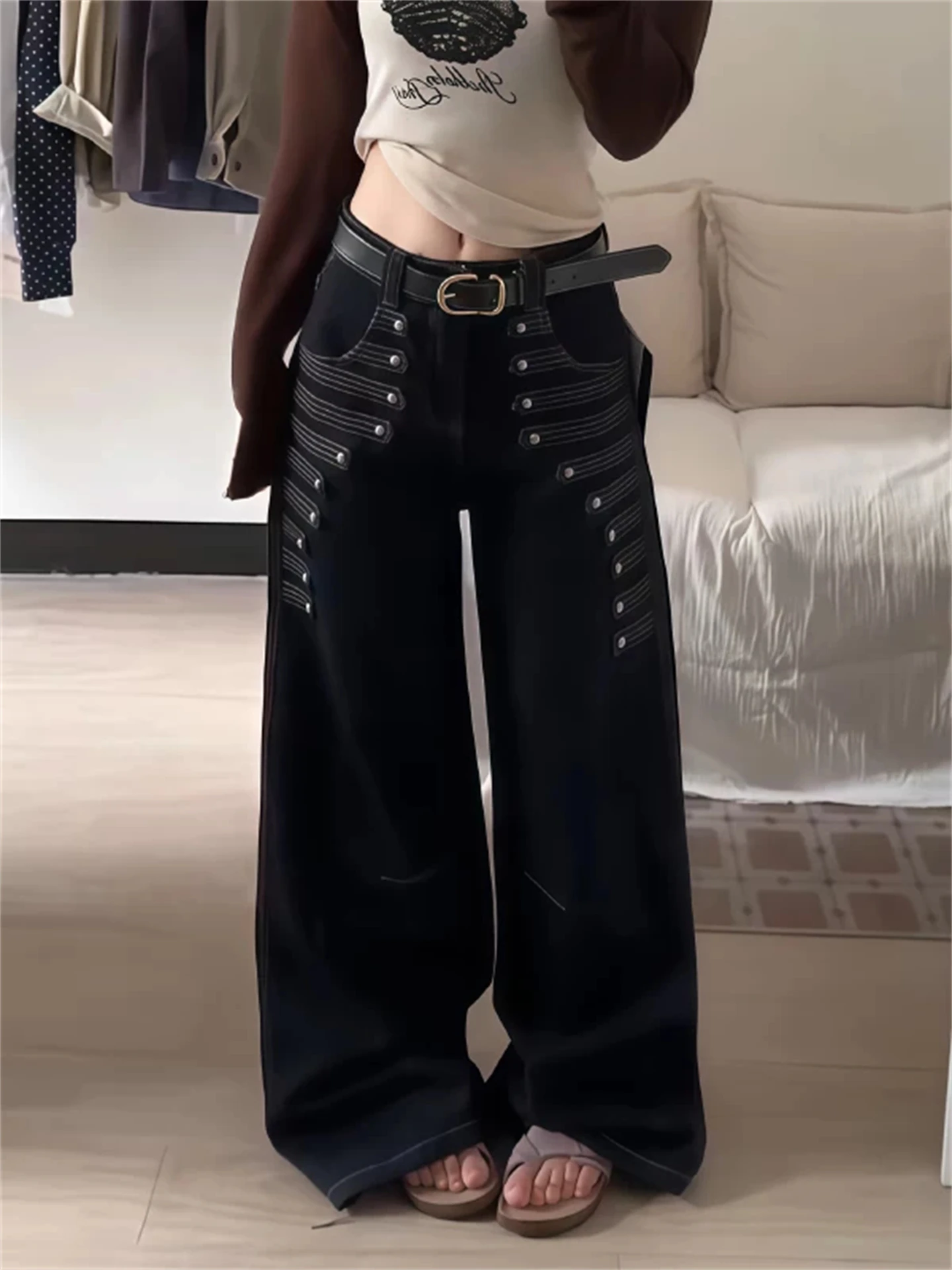 American Retro Court Style Black Denim Pants Men's Autumn Lazy Loose Double Button Wide Leg Long Trousers Casual Loose Fit