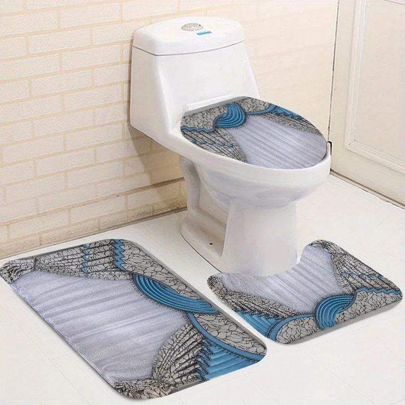 1/4pcs Drapery Pattern Set, Waterproof Shower Curtain With 12 Hooks, Non-Slip Bath Rug, U-Shape Mat, Toilet Lid C