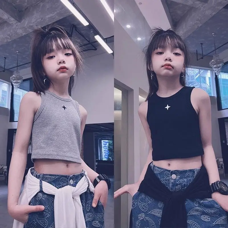 Summer middle-aged and older children's pure cotton I-shaped vest, sleeveless exposed umbilical suspender, sports hip-hop dance