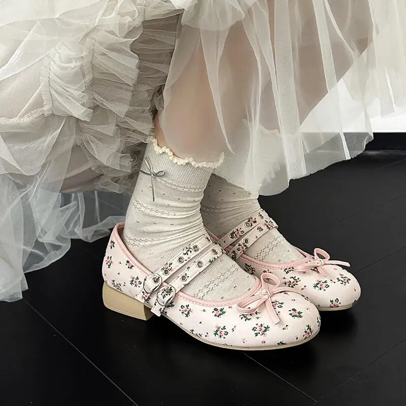 Baroque Pink Floral Pattern Low Heel Mary Jane Shoes Women Summer 2026 Comfort Silver Bowknot Ballet Flats Woman's Lolita Shoes