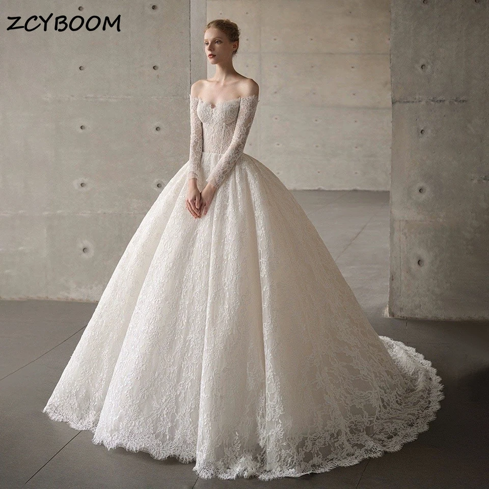 

Elegant Lace Off The Shoulder Ball Gown Wedding Dress 2024 Long Sleeves Sweetheart Vintage Princess Bridal Gown Vestido De Novia
