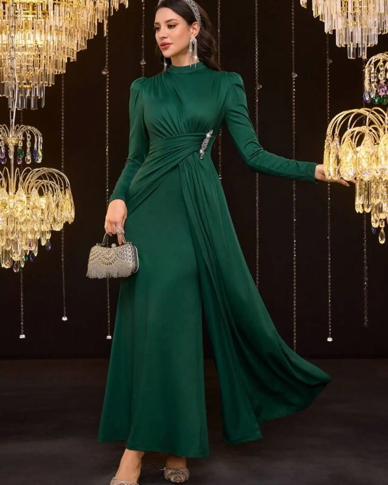 Customized Classic Mermaid High Collar Crystal Panel Train Evening Dresses Graceful Long Sleeves Vestido De Festa Robe de soirée