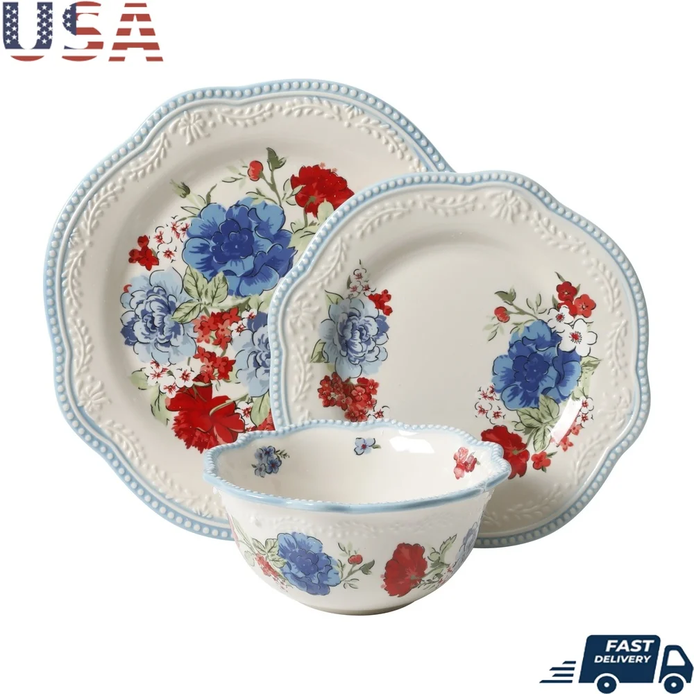 

Durable Stoneware Dinnerware Set 12-Piece Scalloped Rim Floral Design Microwave Dishwasher Safe Perfect Casual Special Occasions