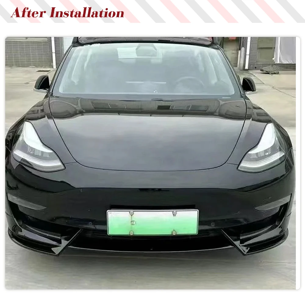 3PCS Car Front Bumper Lip Spoiler Splitter Trim Body Kits For Tesla Model 3/ Y 2017-2023 ABS Glossy Black Racing Front Lip