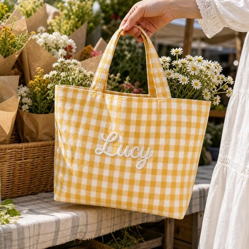 Personalized Name Embroidered Gingham Tote Bag Custom Checkered Ladies Handbag Multicolor Plaid Shoulder Bag Daily Use Gift