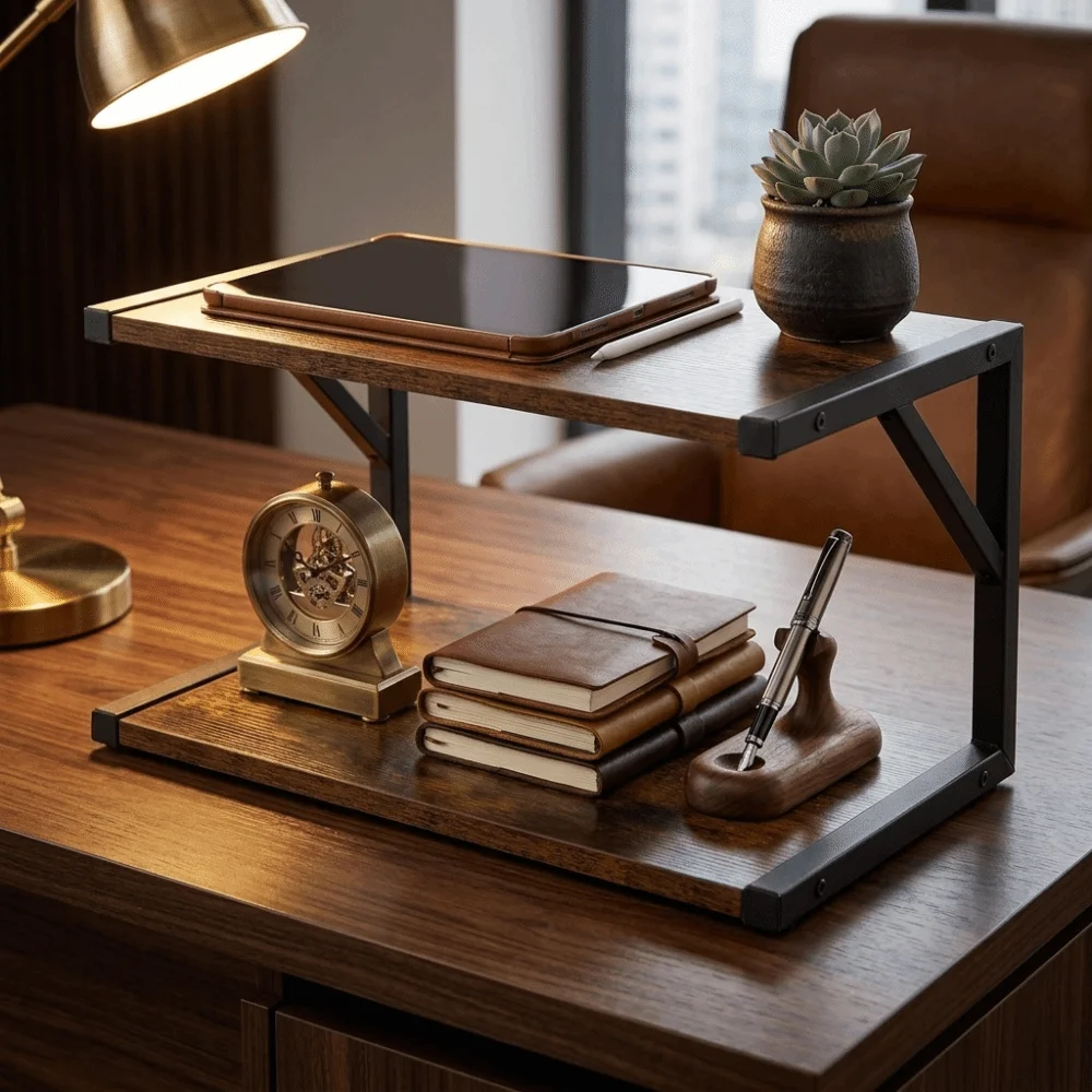2-Tier Desktop Printer Stand Sturdy Structure Multi-Function Storage Shelf Neatly Arranged Stable Support Office Desk Organizer
