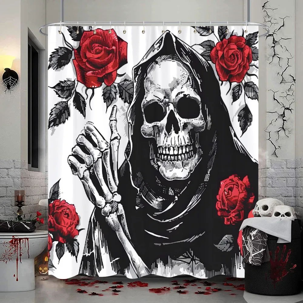 Scary Halloween Skull Flower Shower Curtain Black Raven Snake Red Rose Polyester Fabric Shower Curtain Bathroom Decor With Hooks