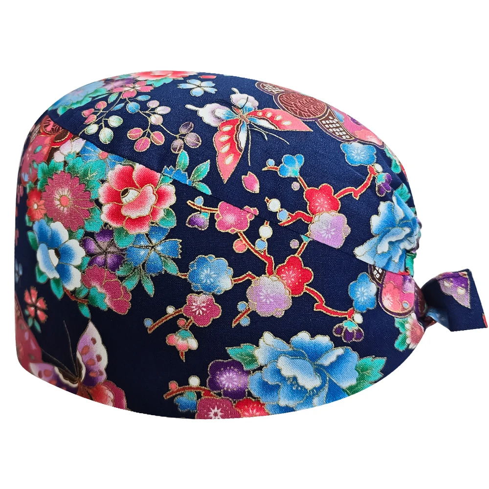 

Шляпа медсестры с цветочным принтом, больничные скрабы, шапки, хирургические рабочие скрабы, шапка с завязками, хлопковые косметические шапки для женщин и мужчин, регулируемые