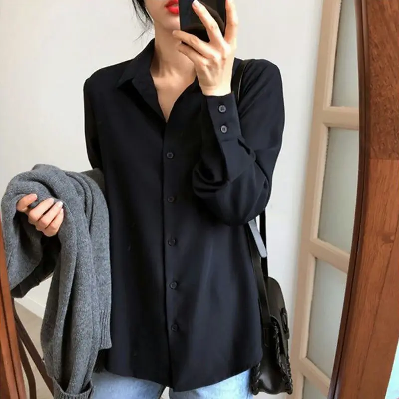 Black Chiffon Shirt Women's Loose Long Sleeve Spring Autumn New Style Korean Version Bottoming Shirt Slimming Versatile Base ...