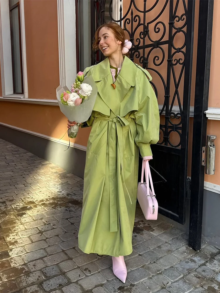 Fashion Green Lapel Trench Coats Woman Chic Solid Color Lace-up Long Sleeve Jacket 2025 Lady Autumn Winter Commuter Outerwear