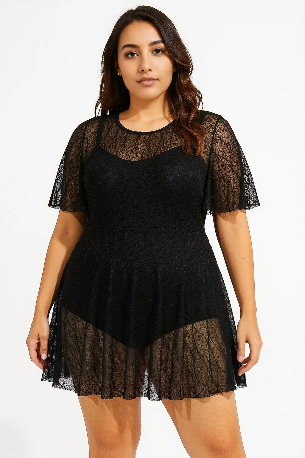 5XL Plus Size Women Tankini Swim Dress Mesh Ruffle Short Sleeve Cover Up Skirt Back Cutout One Piece Swimsuit Beach Swimwear