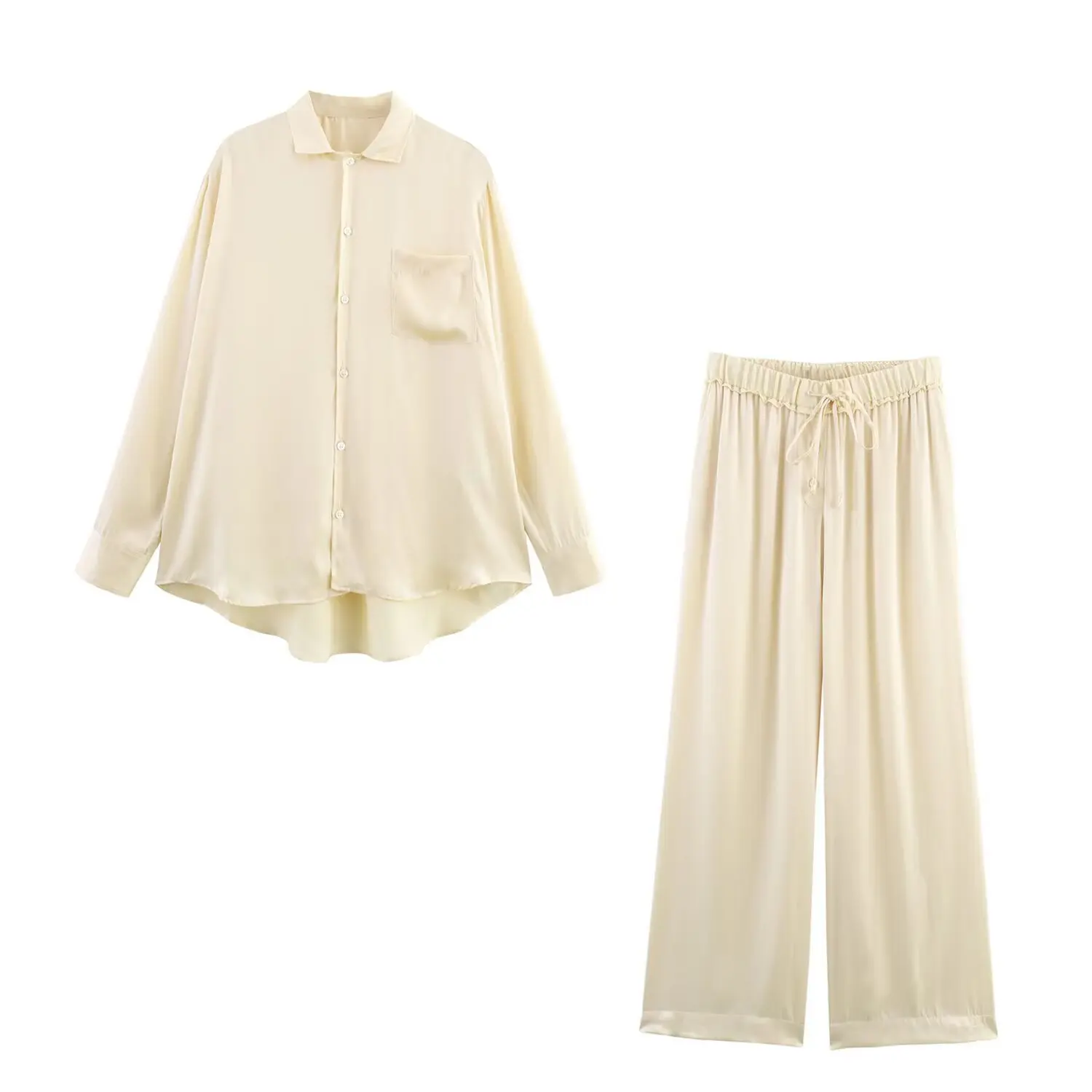 Camisa de cetim com acabamento de bolso Conjunto de duas peças de calças estilo pijama de cetim