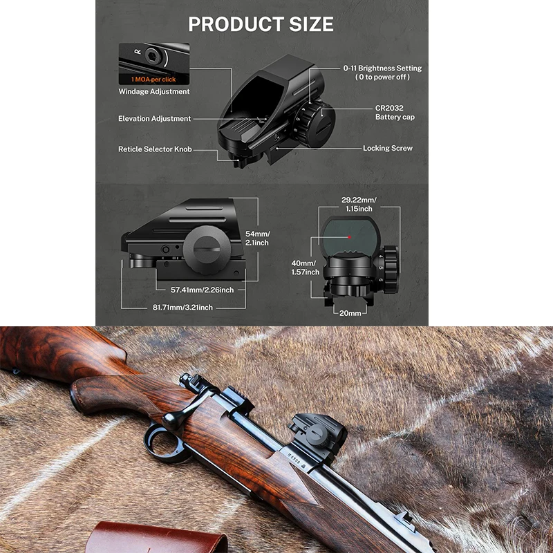 

Прицел EZshoot Reflex с 4 прицельными сетками, голографический прицел Red Dot с креплением на 20-мм планку, абсолютное совмещение прицелов для охоты