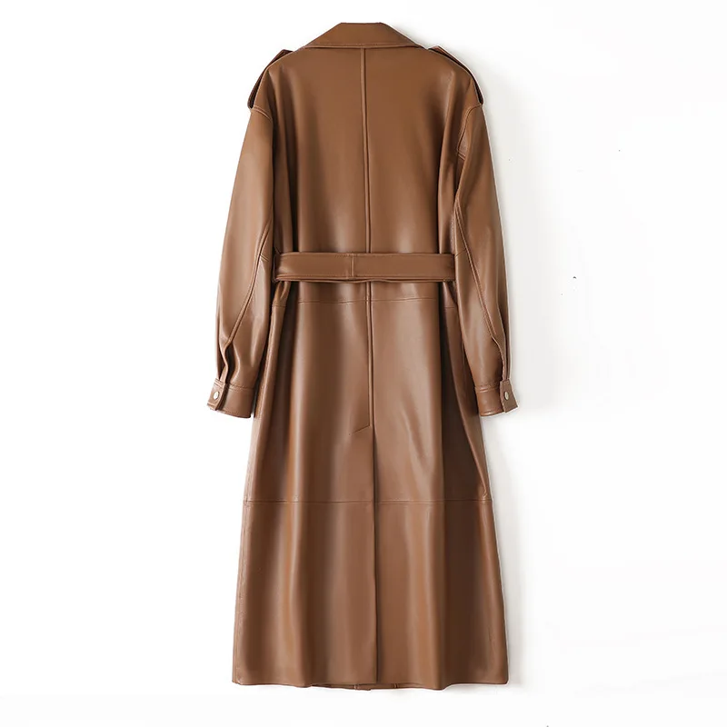 2025 Herbst-Trenchcoat aus 100 % echtem Leder, stilvoll, großes Revers, Silhouette, Schaffell, lange, tiefe Schulter, Schnür-Trench-Outwear