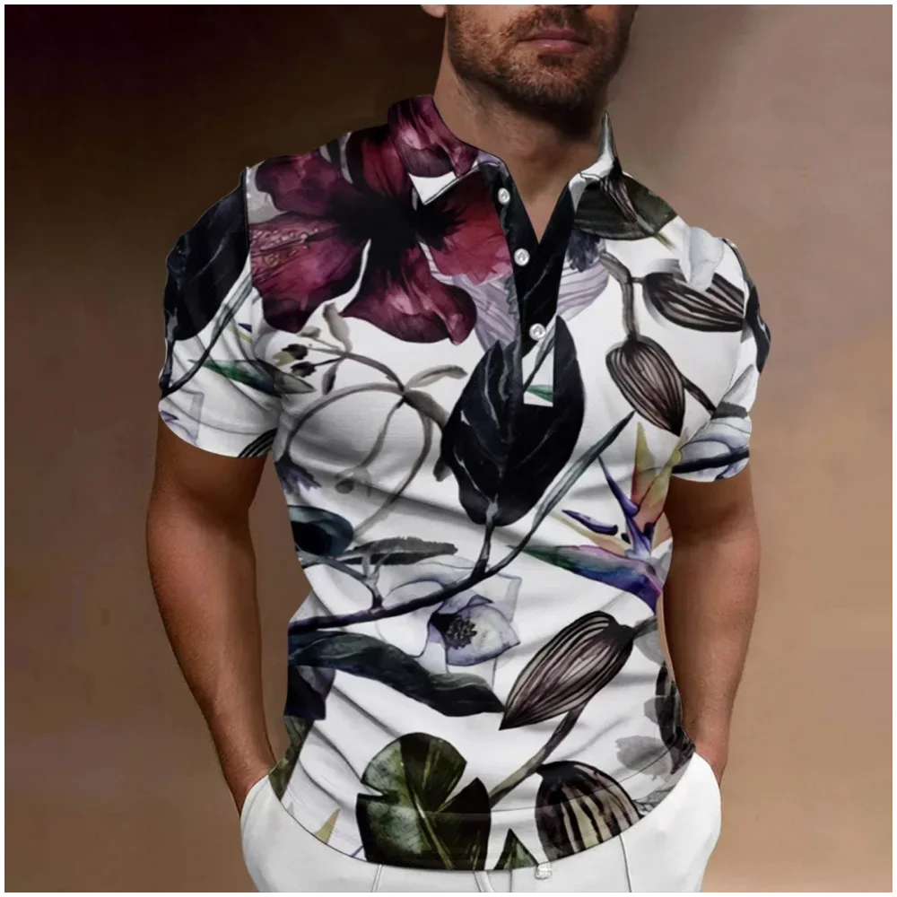 Camisa polo de manga curta de lapela grande para homens, tops estampados de coqueiro, camisa havaiana casual, roupas de viagem ao ar livre, nova