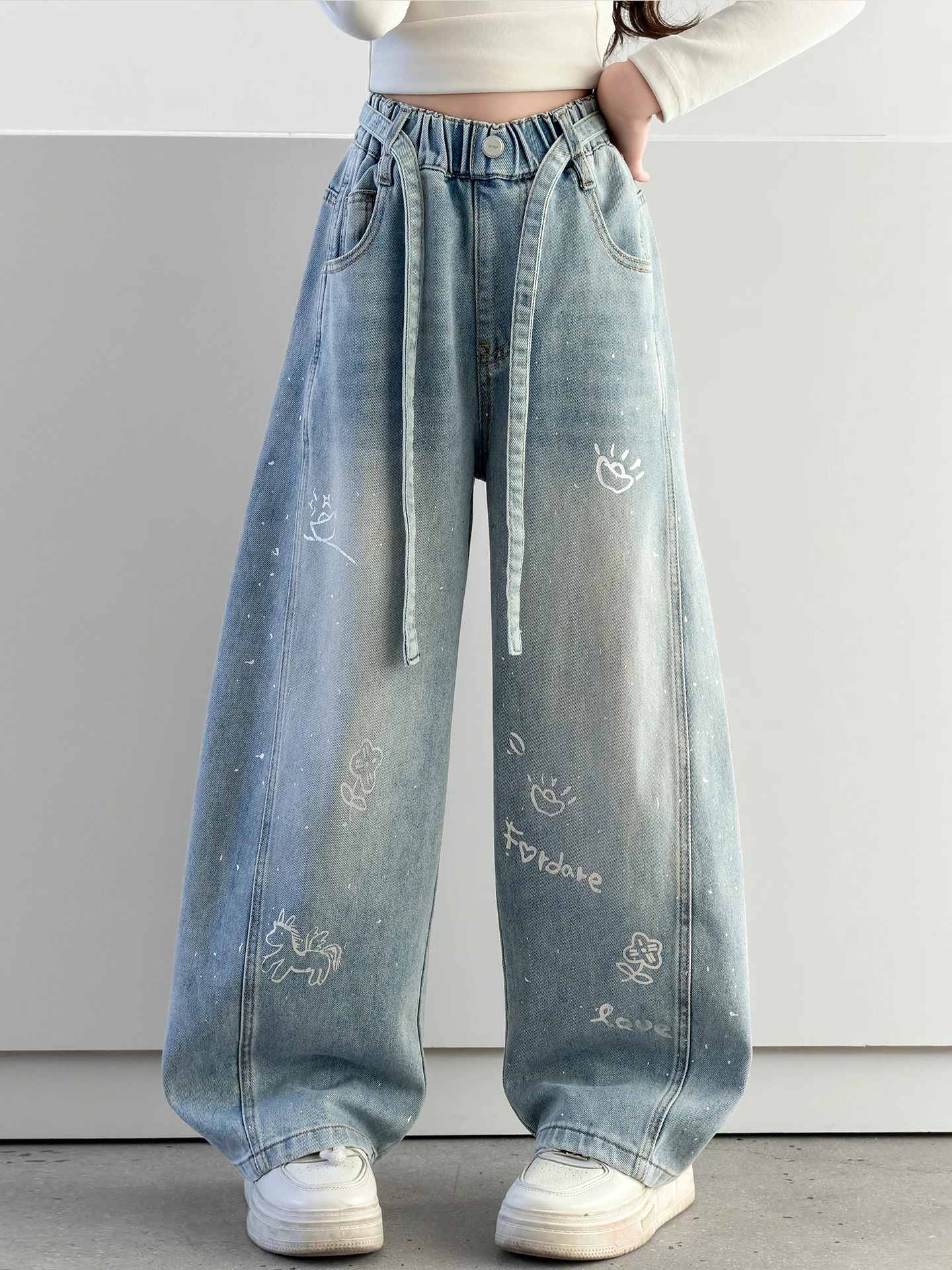 

Girls Fce Lined Wide Leg Jeans Thiened Patchwork Autumn Winter Children's Clothing Elastic Waist Denim Pants Kids Faion