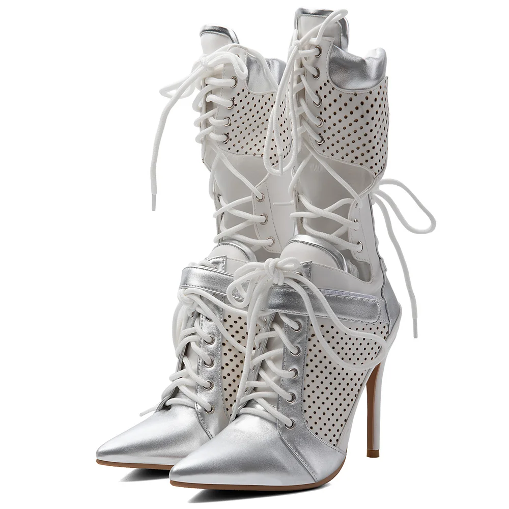 Women Silver White Perforated Mid Calf Boots Pointed Toe Lace Up Stiletto Heel Breathable Mesh Patchwork Party Boots Botas Mujer
