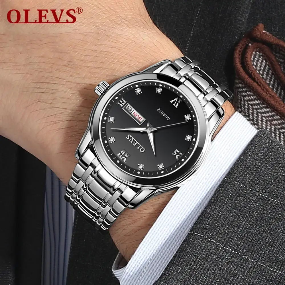 

OLEVS Top Brand Men Quartz Waterproof Watch Classic Men Business Stainless Steel Strap Watches Dual Calendar Fashion Men's Watch