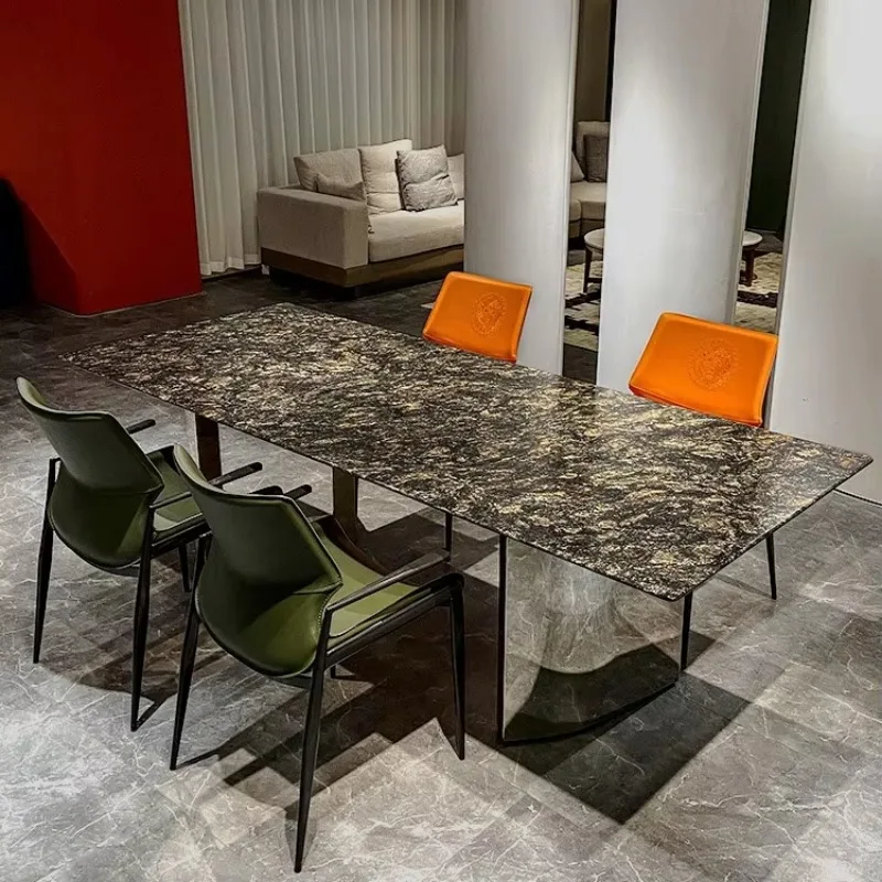 

Platinum luxury stone dining table and chairs modern simple Italian light luxury size rectangular house