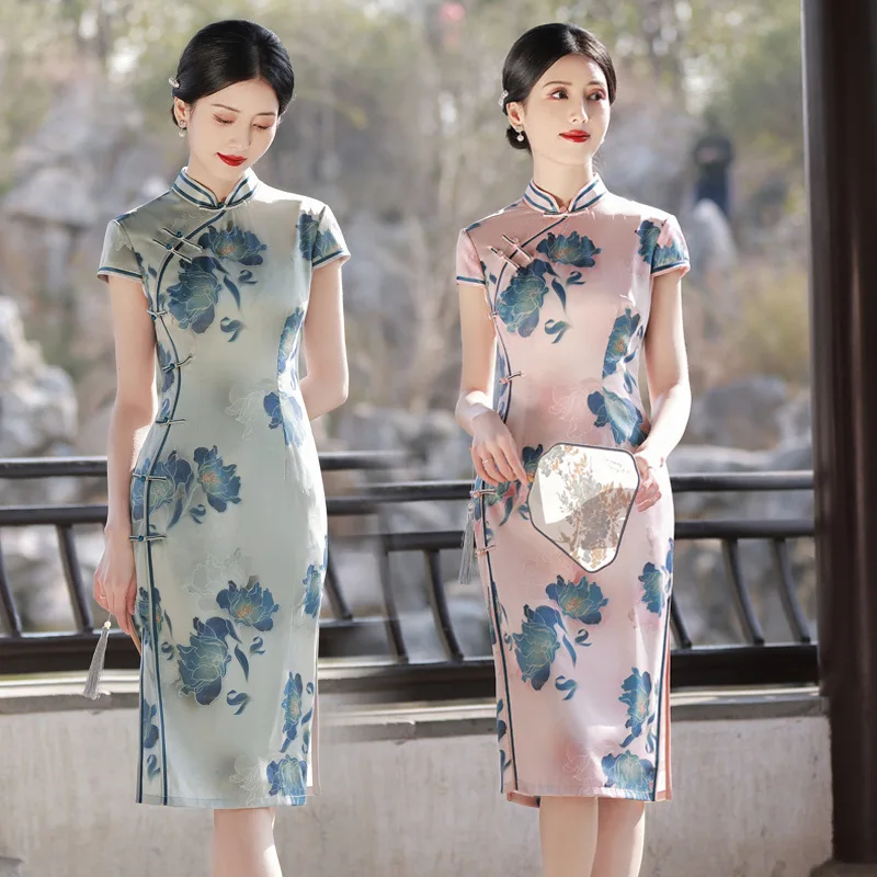 Mid-length Modern Improved Cheongsam Chinese Style Daily Retro Modified Silk Qipao Mother Summer Dresses Woman 2022 for Wedding