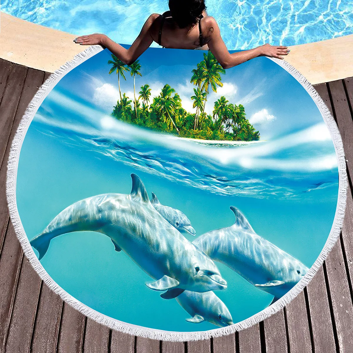 Ocean Animal Dolphin Round Beach Towel with Tassels Microfiber Soft Round Beach Blanket Sand Proof Absorbent Circle Swim Towels