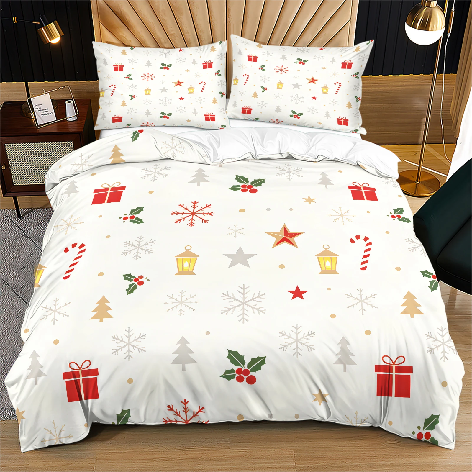 Simple Christmas Duvet Cover Set Gift Box Snowflake Candy Cane Star Lantern Holly Print Bedding Set Quilt Cover With Pillowcase