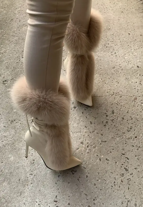 

Luxury Pointed Toe Sexy Stiletto High Heel Boots Women Mid-calf Fur Leather Strappy Boots Fall Dress Lady Shoes Party 2024