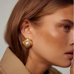 Vintage Luxury Square Hammer Texture Turquoise Stud Earrings High Quality 18k Gold Plated Stainless Steel Women Earrings