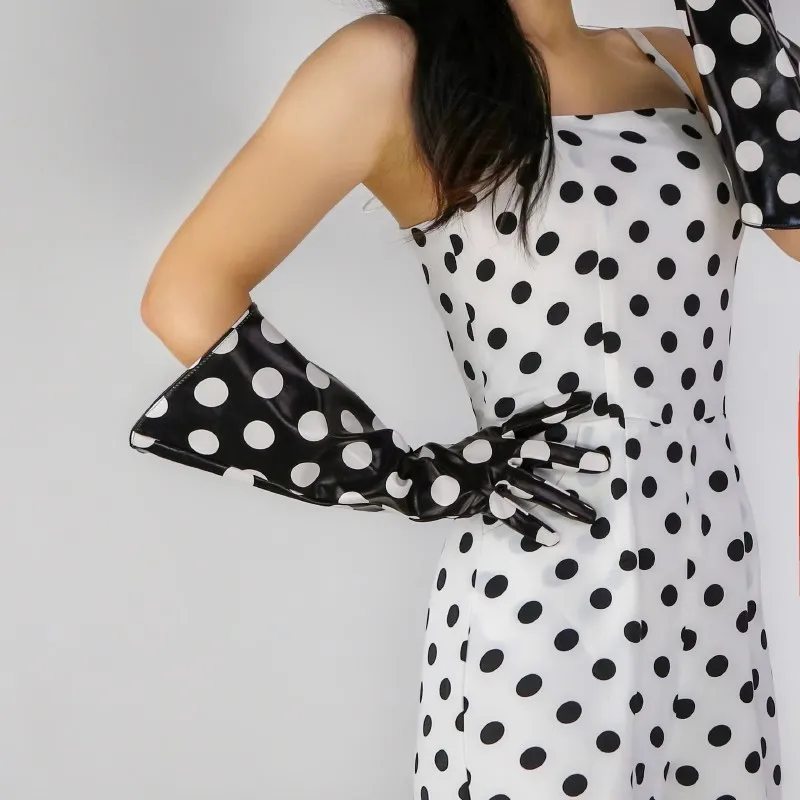 Women's Fashion PU Leather Wide Sleeve Long Dot Glove Lady's Club Performance Formal Party Dancing Glove 38cm R1346