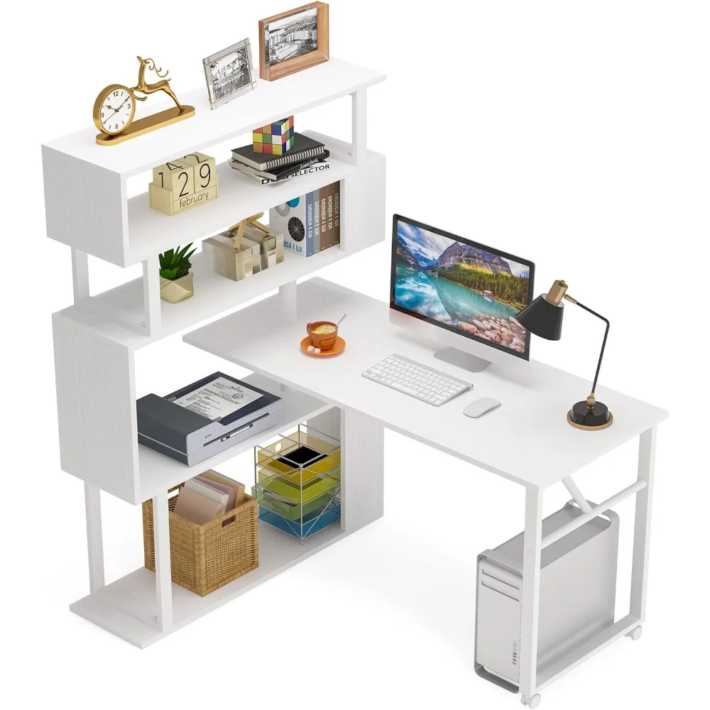 Swivel computer desk with 5 shelves, modern L-shaped corner table with storage, reversible writing desk on wheels