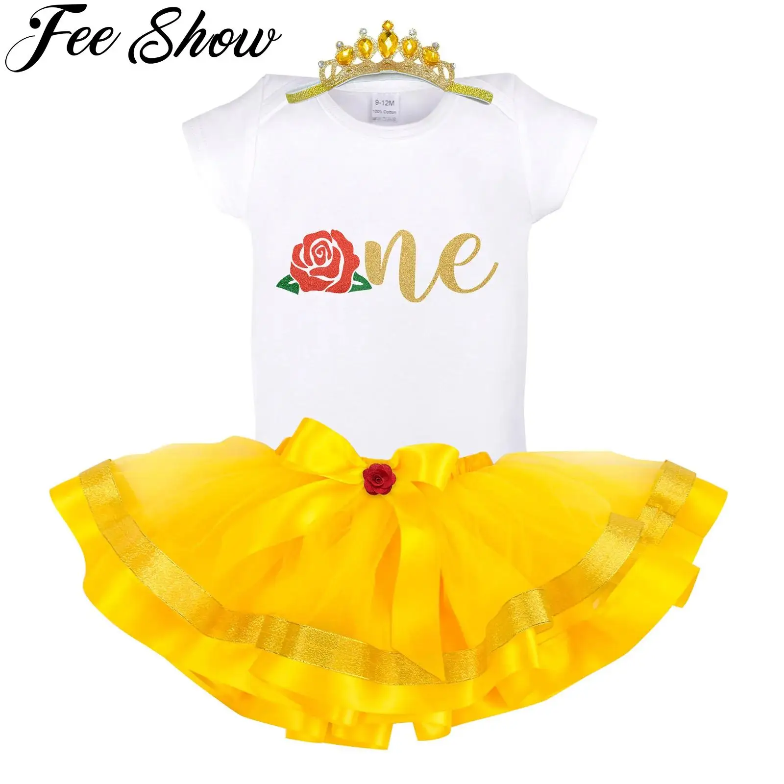 

Infant Baby Girls One Year Birthday Clothes Outfit Short Sleeve Letter Printed Romper with Princess Tutu Skirt Crown Headband